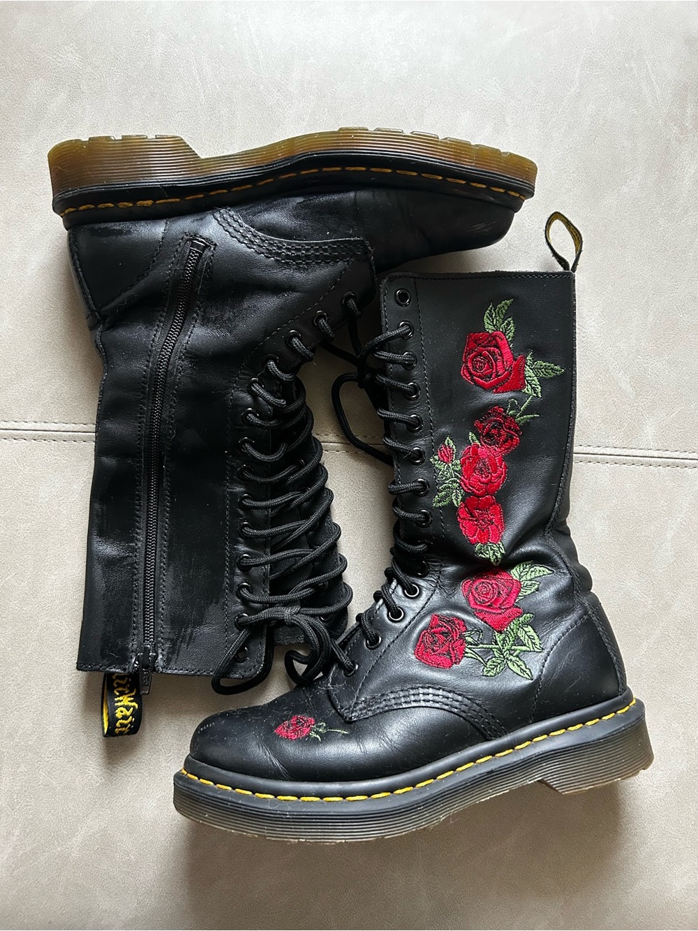 Dr. Martens Black Lace-Up Boots with Red Rose Embroidery Vonda